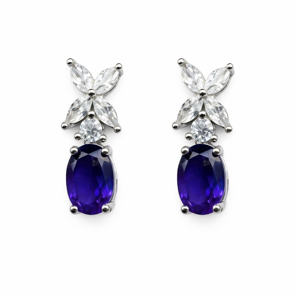 Oval Amethyst with crystal flower S925 Sterling Silver Studs